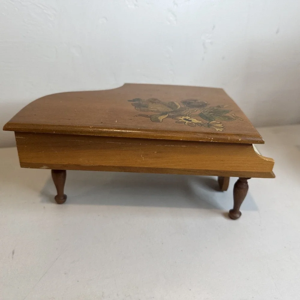 Vintage Wooden Grand Piano Box Floral Inlay Jewelry Trinket Box Rustic Cottage